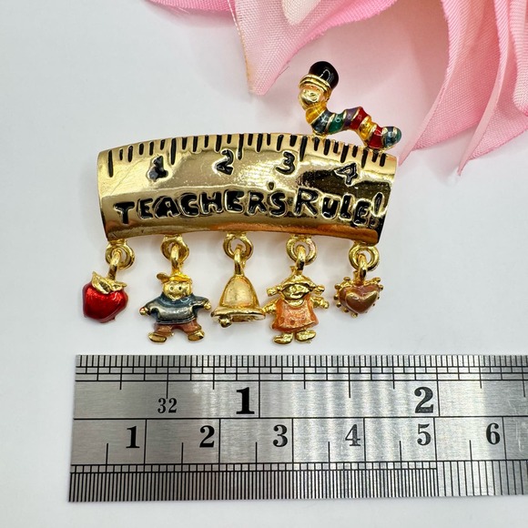 Vintage Danecraft Teachers Rule! Pin Brooch Ruler Charms Worm Cute Whimsical - Picture 7 of 9